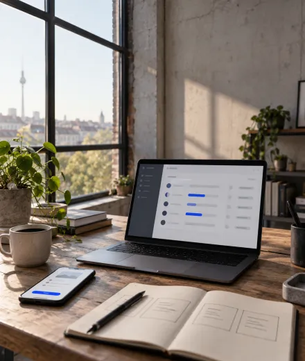 Arbeitsplatz mit Laptop, Smartphone und Notizbuch, im Hintergrund der Berliner Fernsehturm